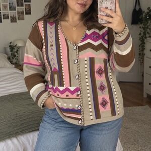 VTG Storybook Knits Geometric Patchwork Sequin Cardigan Sweater western L aztec